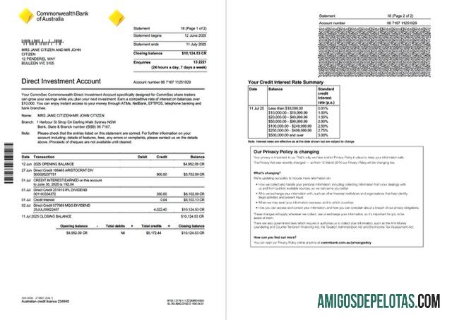 Extrato de conta da Commonwealth da Austrália para download, modelo Word e PDF, 2 páginas